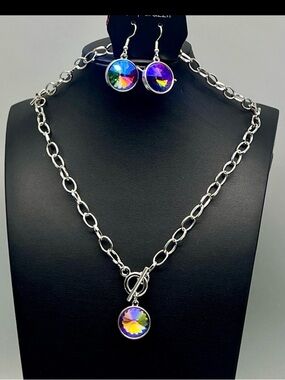 Silver Chain Necklace and Earrings Set with Multicolor Crystal Pendant new